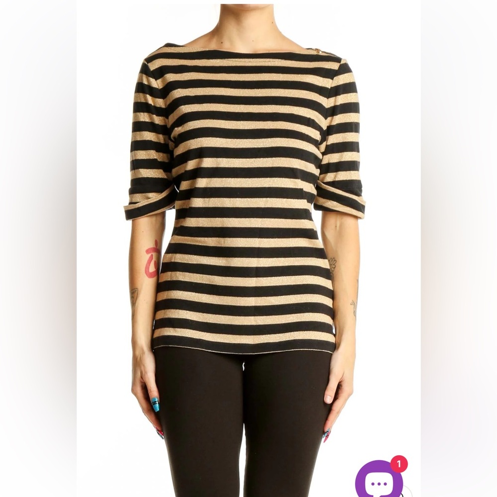 RALPH LAUREN Black and Gold Metallic Stripe Boatneck Short Sleeve Top